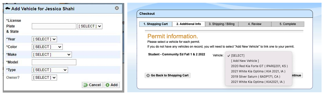 Window for adding a vehicle and window for selecting which vehicle to print the permit for.