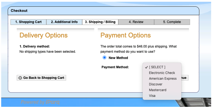 Window of checkout menu with dropdown menu for payment selections.